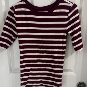 LOFT Burgundy and Cream Striped Top